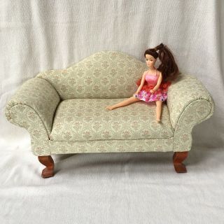 American Girl Doll Size Sofa Couch Pink & Green Flowers Off White Background