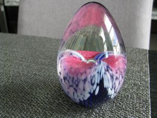 Signed Msh 87 Mount St Helen Ash Studio Art Glass Egg Paperweight Pink Blue Whit