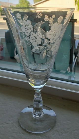 1 Vintage Duncan Crystal Language Of Flowers Water Goblet Glass Etched Floral 6
