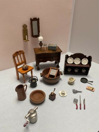 Dollhouse Miniature Vintage Primitive Furniture Dishes Signed Artisan Shelf Etc