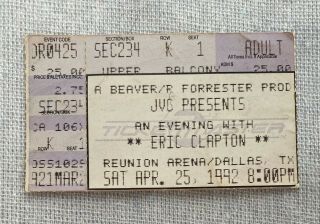 Eric Clapton Concert Ticket Stub 4/25/1992 Reunion Arena Dallas,  Tx