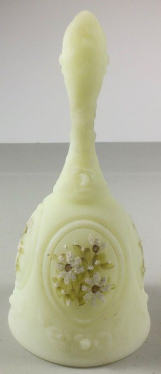 Fenton Custard / Vaseline Glass Bell Embossed Signed Hand Painted Frit Work