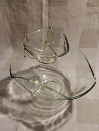 Vintage Anchor Hocking Mcm Clear Glass Chip And Dip Bowl Set W Metal Stand