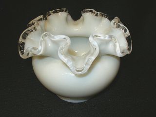 Vintage Fenton Art Glass Rose Bowl Vase Opaque White & Clear Crest Ruffled Rim