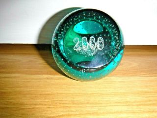 Caithness 2000 Millennium Green Glass Paperweight Controlled Bubbles Signed