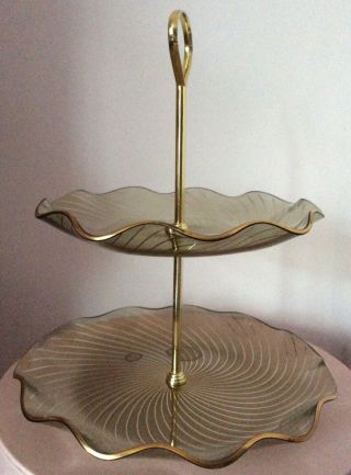 Vintage 60s 70s 2 - Tier Sweet Cake Stand Fluted Glass Gold Swirl Boxed ? Chance