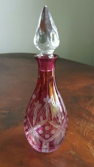 Collectable Cranberry Art Glass Perfume Bottle With Clear Cut Glass Stopper