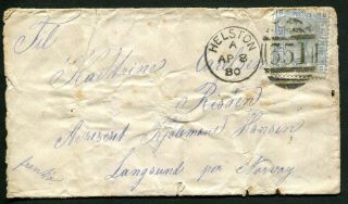Gb 1880 (apr.  8) Cover To Norway With 2½d Blue Pl.  18 Sg.  142 Tied By Helston 