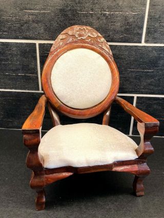 Vtg Antique Handmade Doll Furniture Chair Carved Wood & Upholstered 11 " Tall
