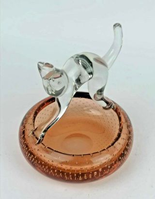 Vintage Art Glass Amber Controlled Bubble Bowl With Clear Glass Cat