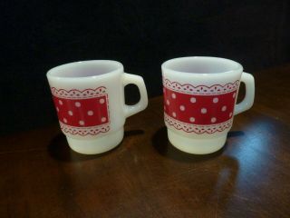 Fire King Red & White Polka Dot Lace Milk Glass Mug - Set Of 2