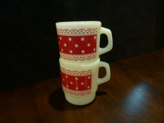 Fire King red & white polka dot lace milk glass mug - set of 2 2