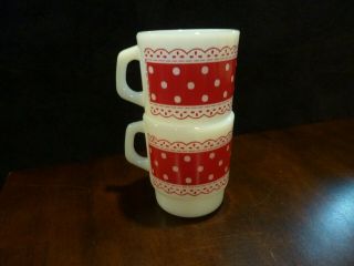 Fire King red & white polka dot lace milk glass mug - set of 2 3