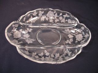 Heisey Rose Etch 3 Part Divided Relish Tidbit Glass Dish Platter