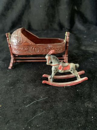 Vintage Metal Miniatures Baby Rocking Horse And Wood Cradle Crib Dollhouse