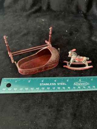 Vintage Metal Miniatures Baby Rocking Horse And Wood Cradle Crib Dollhouse 2