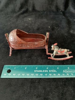 Vintage Metal Miniatures Baby Rocking Horse And Wood Cradle Crib Dollhouse 3
