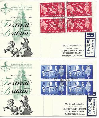 Gb 1951 Festival Of Britain Set Blocks Of 4 On Illustrated Commemorative Fronts