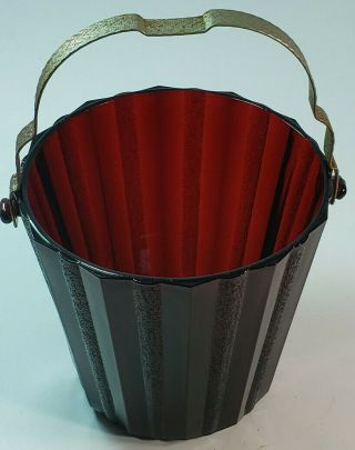 Vintage Anchor Hocking Royal Ruby Red Ribbed Glass Ice Bucket Metal Handle 5 "
