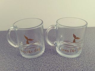 2 Seas The Day Large Glass Mugs Cups Cofee Tea Gold Ocean Whale Tail 4.  25 Tall