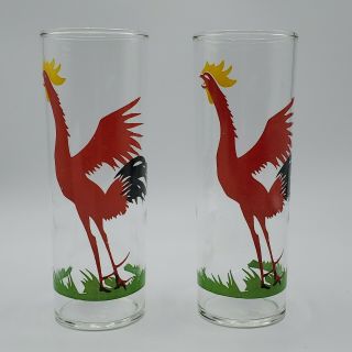 Set Of 2 Vintage Federal Red Crowing Rooster Highball Cocktail Glasses.