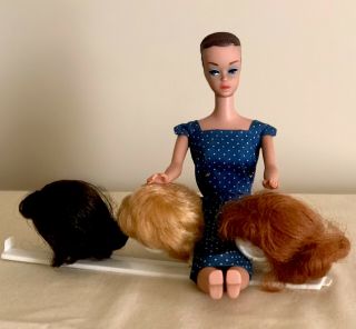 Vintage Barbie Fashion Queen Doll W/ 3 Wigs,  Display Stand & Blue Sheath Dress