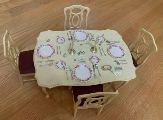 Vintage 1970s Sindy Dining Room Table - Chairs,  Silverware,  Accessories