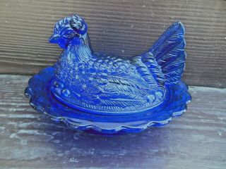 Mosser Cobalt Blue Hen Chicken On Nest Covered Dish