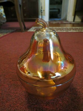 Vintage Marigold Carnival Glass Apple Shaped Lidded Candy Nut Jar 7.  5 "