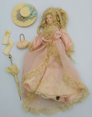 Miniature Dollhouse Victorian Lady Doll Porcelain Blonde Curly Hair Hat Parasol