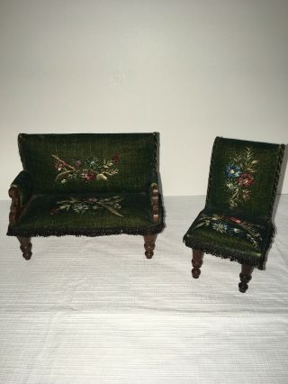 Antique Green Velvet Embroidered Dollhouse Couch / Settee And Chair Set