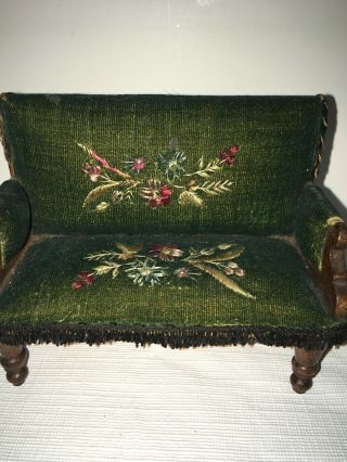 Antique Green Velvet Embroidered Dollhouse Couch / Settee And Chair Set 2