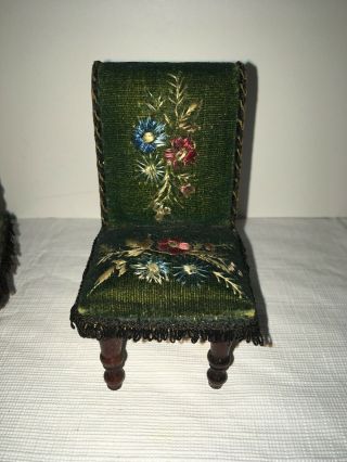Antique Green Velvet Embroidered Dollhouse Couch / Settee And Chair Set 3