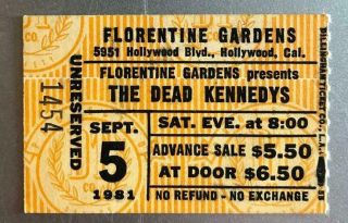 1981 Dead Kennedys Ticket Tsol 45 Grave Florentine Gardens Hollywood 9/5/81