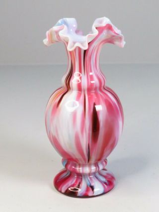 Vintage Murano Vase In Pastel Marbled Red Pink White Blue With Frill Top Italian