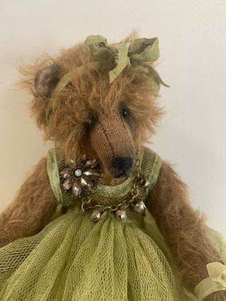 Ooak Artist Brown Mohair Bear In Muted Green Tulle Dress - 11 Inches