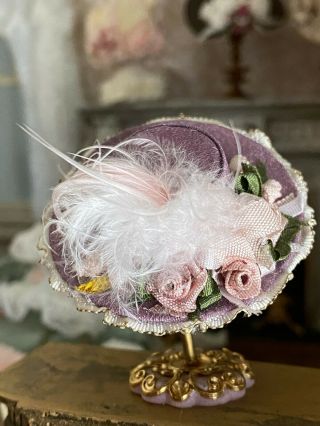 Vintage Miniature Dollhouse Artisan Purple Silk Victorian Ladies Hat & Stand