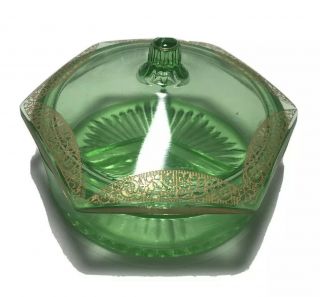 Vintage Green Vaseline Depression Glass Divided Candy/relish Dish With Cover