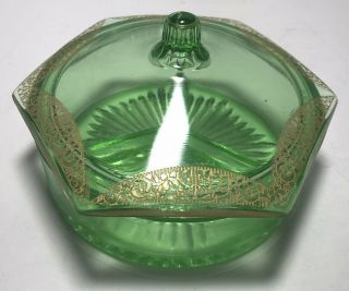 Vintage Green Vaseline Depression Glass Divided Candy/Relish Dish With Cover 2