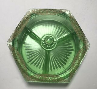 Vintage Green Vaseline Depression Glass Divided Candy/Relish Dish With Cover 3
