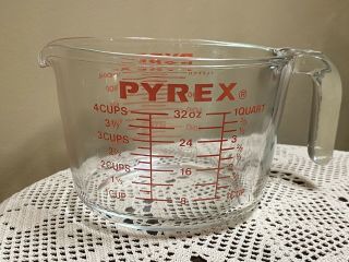 Vtg Pyrex Glass 4 Cup/1 Quart/1 Liter Measuring Cup Open Handle Red Letters 532