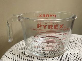 Vtg Pyrex Glass 4 Cup/1 Quart/1 Liter Measuring Cup Open Handle Red Letters 532 3