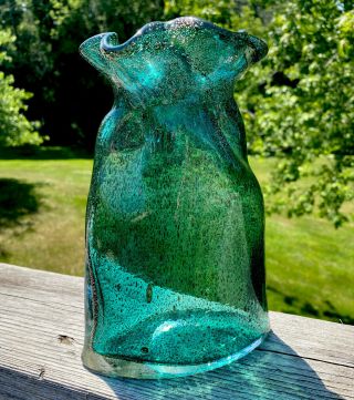 Murano Glass Bag Vase Emerald Green Gold Flecks Blown 8” Tall