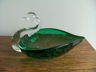 Vintage Green Clear Glass Controlled Bubble Swan Dish Ornament