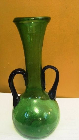 Vintage Rare Green Depression Glass Vase 8” Tall With Blue Handles.  Stunning