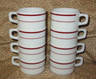 Vtg 8 Pyrex 100 Ruby Red Stripe Stacking Squat Cups Restaurant Tableware 2