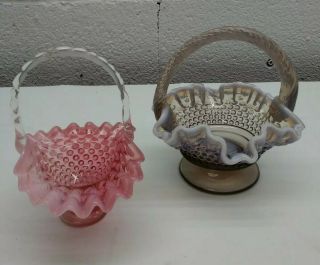 2 Fenton Like Ruffled Art Glass Vases,  5 " & 6 " Pink & White,  Purple & White