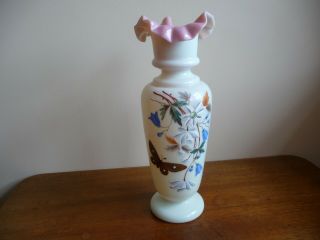 Antique Victorian Milk Glass Vase Hand Painted Flowers & Butterfly Frilled Rim