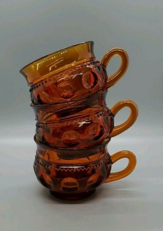 Vintage Amber Brown Glass Teacups Coffee Cups Mugs Set Of 3 Thumbprint Indiana