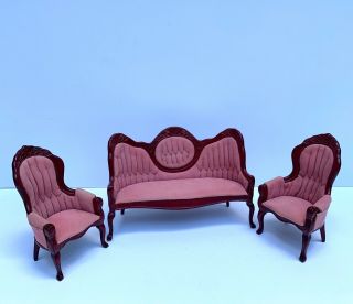 Vintage Dollhouse Miniature Living Room Furniture Pink Velvet Settee Armchairs